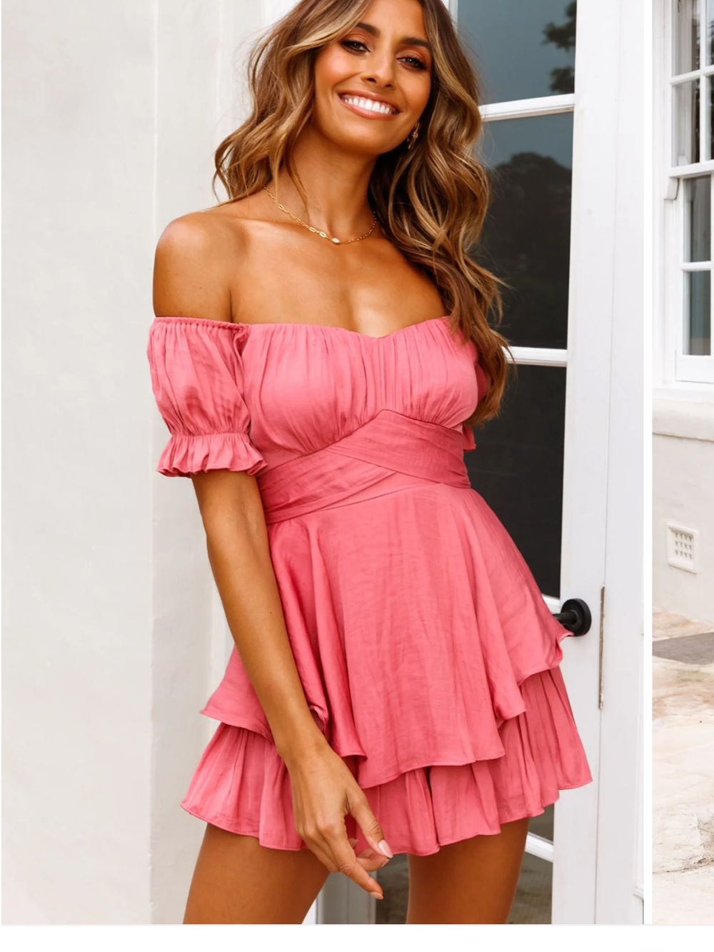 Selfie Leslie Mauve Pink Off-Shoulder Tiered Mini Dress/Romper